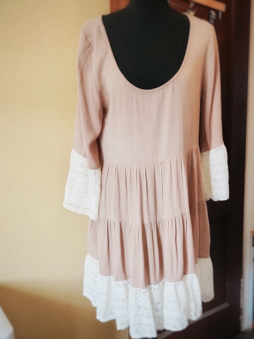 Kori Taupe Baby Doll Dress with White Lace Accents